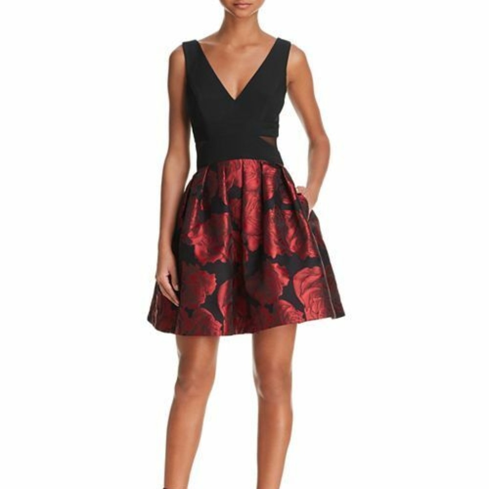 Aqua | Red Black Brocade Floral Fit&Flare | 6